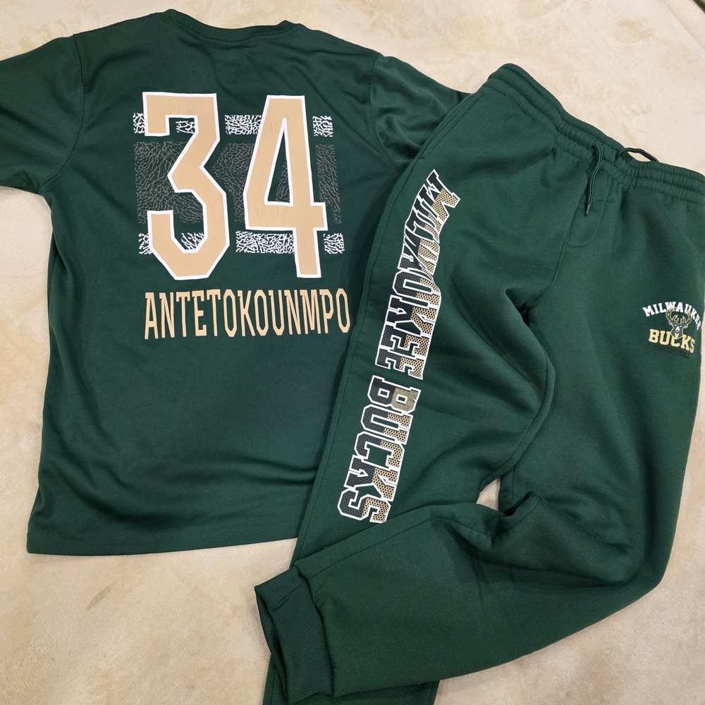 Milwaukee Bucks #34 Antetokounmpo Boy's XL Sweats & T-Shirt Set Green
